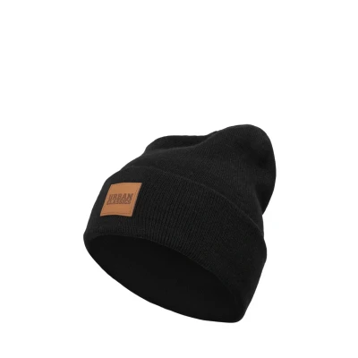 Image of Urban Classics Leatherpatch LONG Beanie, Men&#039;s, Size: One Size, Black