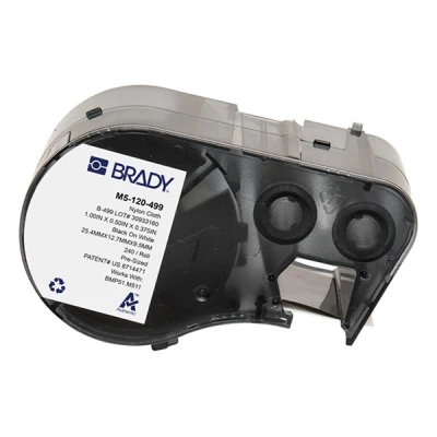 Image of Brady Nylon Cloth Pre Sized Labels for Label Printer BMP51/BMP53/M511 240 Self Adhesive Waterproof Tape Black on White (25.40mm x 12.70mm + 9.53mm ⌀) M5 120 499