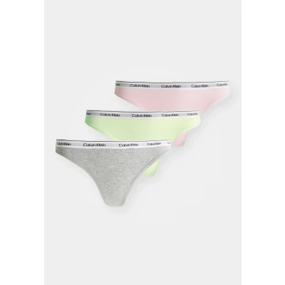 Image of Calvin Klein Underwear Thong Modern LOGO 3 PACK Thong, Women&#039;s, Size: Large, Highline green/buff pink/grey heather