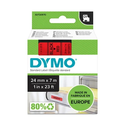 Image of DYMO Authentic D1 Labels 24mm x 7m Roll Black Print on Red Self Adhesive for LabelManager Label Printers