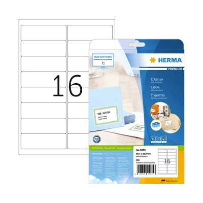 Image of HERMA Self Adhesive Address Labels, 16 Labels per A4 Sheet, 25 Sheets, 99.1 x 33.8 mm, 400 Blank Mailing Stickers, Sticky for Laser &amp; Inkjet Printer, White