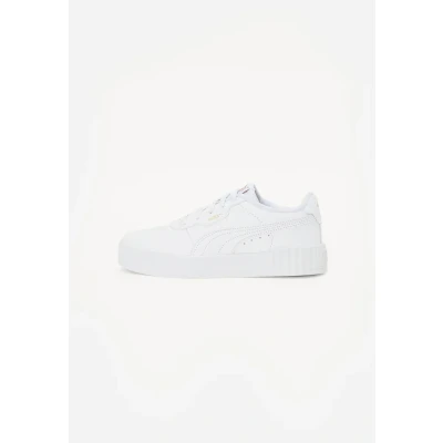 Image of Puma Carina Unisex Trainers for kids, Size: 3, White/gold Leather/synthetics
