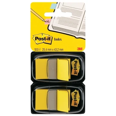 Image of Post it Index Flags, Medium, Yellow, 2 Dispensers 25.4 mm x 43.2 mm, 100 Flags To Mark, Highlight or Color Code Important Information