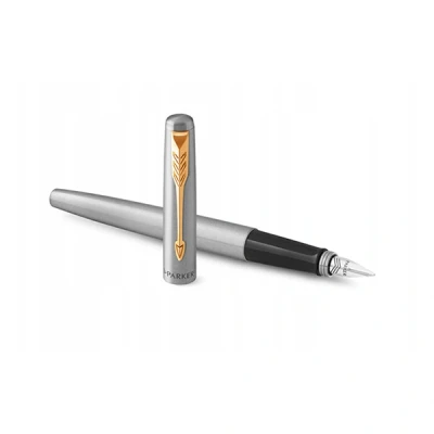 Image of Parker Jotter Fountain Pen Stainless Steel with Gold Trim Medium Nib Blue Ink Includes Gift Box