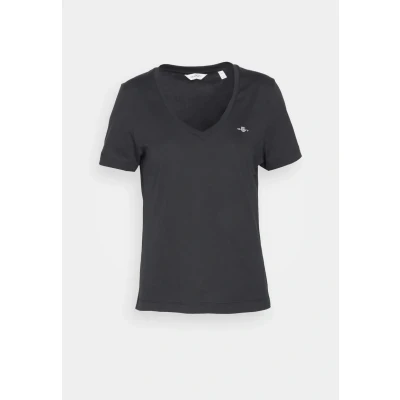 Image of GANT Women&#039;s Reg Shield Ss V Neck T Shirt, Black, XL