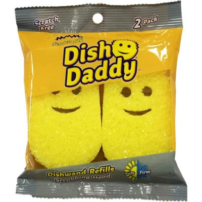 Image of Scrub Daddy Dish Wand Scrubbing Brush Replacement Heads, Soap Dispensing Brushes, Texture Changing Washing Up Sponges, Detachable Head Sponge Refills, Yellow 2 Pack