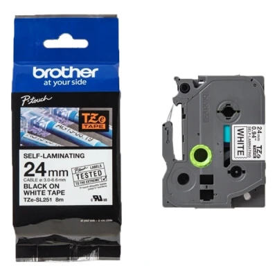 Image of Brother Genuine TZe SL251 Self Laminating Label Tape Black on White 24mm Wide x 8m Long