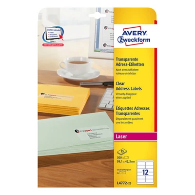 Image of AVERY Zweckform L4772 25 Address Labels (300 Labels, 99.1 x 42.3 mm on A4, Printable, Self Adhesive, for DIN Long Envelopes + Deutsche Post Internet Mark) Sheets, Transparent