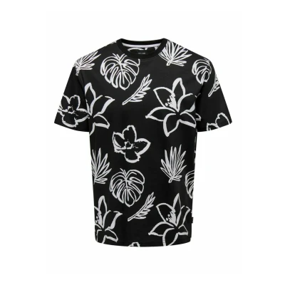 Image of Only &amp; Sons Onsadam REG SS AOP Print Tshirt, Men&#039;s, Size: XS, Black