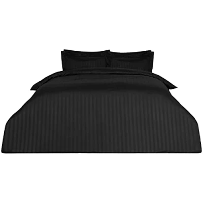 Image of Dreamscene Beautiful Satin Stripe Quilt Duvet Cover with Pillow Case Bedding Set, Black, Double