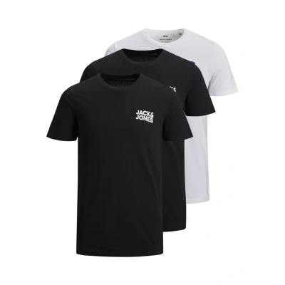 Image of JACK &amp; JONES Mens Logo 3 Pack T Shirt, Black/Navy/White, M