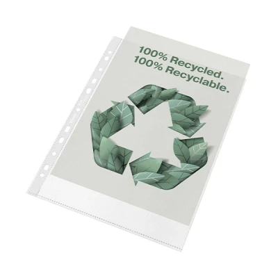 Image of Esselte Recycle A4 Pockets, Embossed Strong PP, 70 Micron, Plastic Punched Poly Pack of 100, 627493