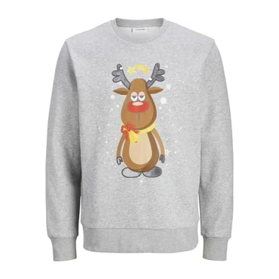 Image of JACK &amp; JONES Men&#039;s Jjxmas Jolly Sweat Crew Neck Sweatshirt, Grey Brown, S