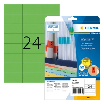 Image of HERMA 4469 Coloured Labels Green Removable 20 Sheets 70 x 37 mm 24 per A4 Sheet Pack of 480 Self Adhesive Printable Matt Blank Paper Colour Stickers