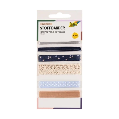 Image of folia 12023 Fabric Ribbons Mix &quot;Blue Velvet&quot; with 6 Different in Blue, Silver, Cream and Pink, Craft Set for Decorating Designing