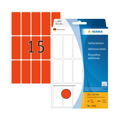 Image of HERMA Multi Purpose Labels, 15 Labels per Sheet, 24 Sheets, 20 x 50 mm, 360 Self Adhesive Small Stickers, Blank Sticky for Office Kitchen Home, Luminous Red
