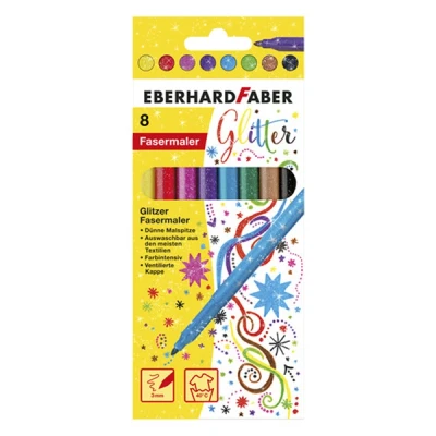 Image of Eberhard Faber 551008 Glitter Felt Pens in 8 Bright Colours, Lead Thickness 3 mm, Washable Cardboard Case, for Decorating, Drawing, Crafts and Writing