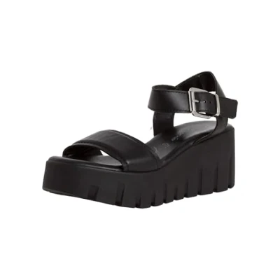 Image of Tamaris Damen Plateau Sandalen Leder Keilabsatz Sommer; BLACK LEATHER/schwarz; 38 EU