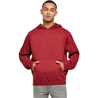 Image of Urban Classics Men&#039;s Distressed Hoody Hooded Sweatshirt, Bloodstone, S
