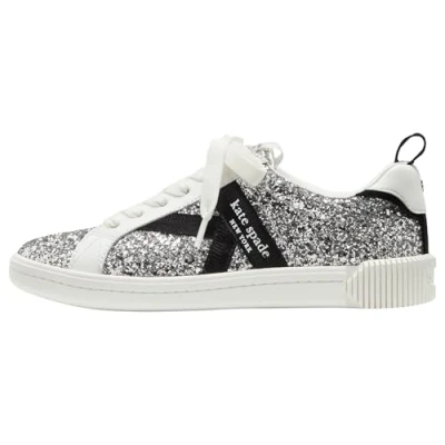 Image of kate spade new york Signature LACE UP Trainers, Women&#039;s, Size: 3.5, Silver Leather and textile