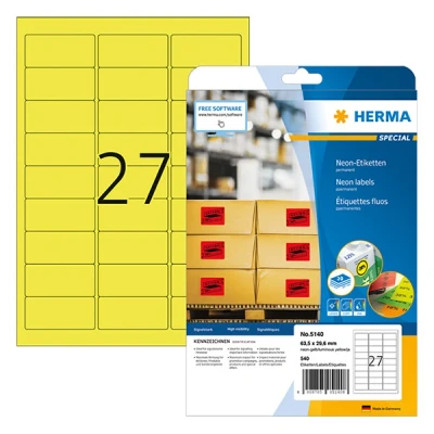 Image of HERMA Self Adhesive Coloured Labels, 27 Labels per A4 Sheet, 20 Sheets, 63.5 x 29.6 mm, 540 Blank Colour Stickers, Sticky for Laser &amp; Inkjet Printer, Neon Yellow