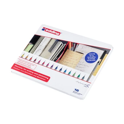 Image of edding 55 fineliner set of 16 bright colours 0.3 mm nib colour pen for writing, drawing, underlining, illustrating children and adults, at school in the home or office