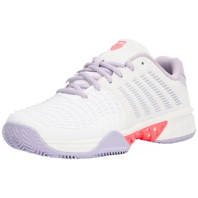 Image of K SWISS Express Light 3 Clay court tennis shoes, Women&#039;s, Size: 5, White/orchid petal/neon blaze Synthetics/textile