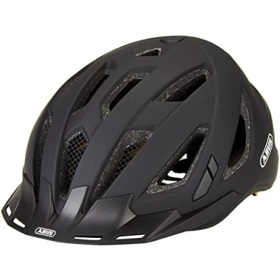 Image of ABUS Urban I 3.0 MIPS city helmet bike with rear light, peak and magnetic closure for traffic men women black matt, L
