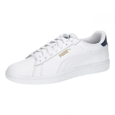 Image of Puma Smash 3.0 Unisex Trainers, Size: 13, White/navy/gold leather and imitation