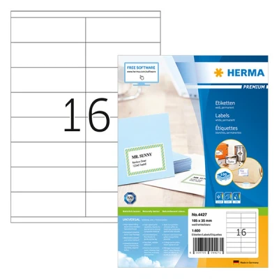 Image of HERMA Self Adhesive Address Labels, 16 Labels per A4 Sheet, 100 Sheets, 105 x 35 mm, 1600 Blank Mailing Stickers, Sticky for Laser &amp; Inkjet Printer, White