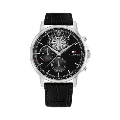 Image of Tommy Hilfiger Men&#039;s Analog Quartz Watch with Leather Strap 1710605, Black, Classic