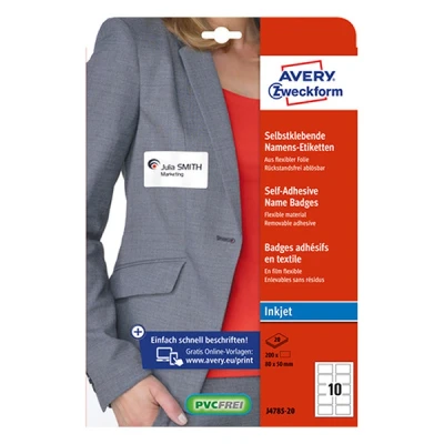 Image of AVERY Zweckform J4785 20 Name Labels (200 Stickers, 80 x 50 mm on A4, Self Adhesive, Printable Textile for Inkjet Printers, Removable Without Residue), Sheets, White