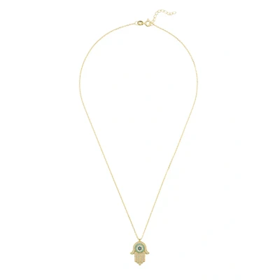 Image of LATELITA Hamsa Hand Evil Eye Pendant Necklace 18ct Gold Plated Sterling Silver Lab Created Round Cubic Zirconia White Blue Eyes &amp; Hand, Silver,