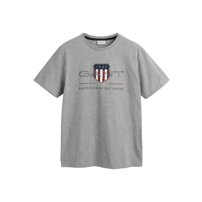 Image of GANT REG Archive Shield SS Print Tshirt, Men&#039;s, Size: Large, Grey melange