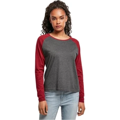 Image of Urban Classics Ladies Contrast Raglan Longsleeve Long sleeved top, Women&#039;s, Size: XXL, Charcoal/burgundy