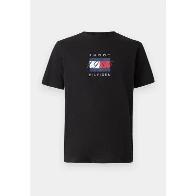 Image of Tommy Hilfiger Linear FLAG Graphic TEE Unisex Print Tshirt, Size: XS, Black