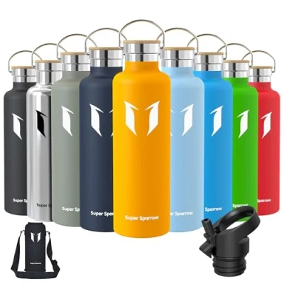 Image of Super Sparrow Water Bottle Stainless Steel 1000ml Vacuum Insulated Metal Standard Mouth Flask BPA Free Straw for Work, Gym, Travel, Sports