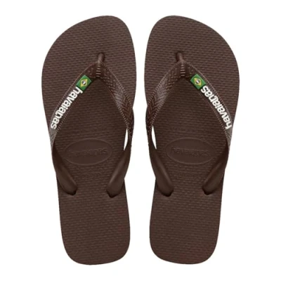 Image of Havaianas Brasil LOGO Buttercream Unisex Tbar sandals, Size: 9 10, Dark brown/white Synthetics