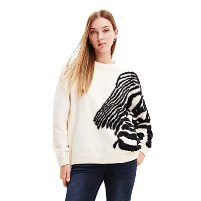 Image of Desigual Women&#039;s Woman Flat Knit Thin Gauge Pullover Polo Sweater, White, S