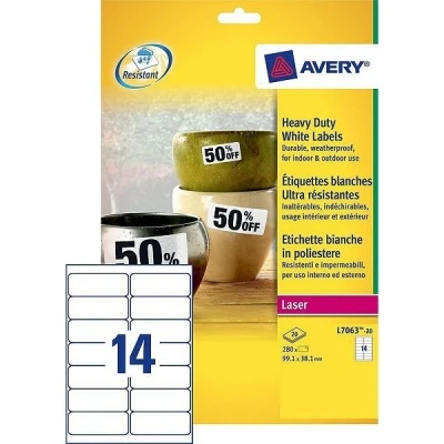 Image of Avery L7060 20 Pack of Sheets Polyester Labels, white 99.1 x 38.1 mm