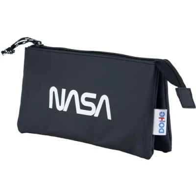 Image of DOHE School Pencil Case 3 Compartments Zipper Closure, Official License, Durable Polyester, 23x12x2.5cm Supplies NASA Grey Grey, Black, Compartments,