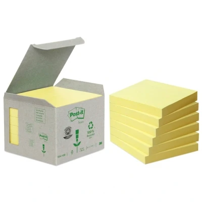 Image of Post it Recycling notes Canary Yellow, Pack of 6 Pads, 100 Sheets per Pad, 76 mm x mm, Yellow Color Self stick made from 100% recycled paper