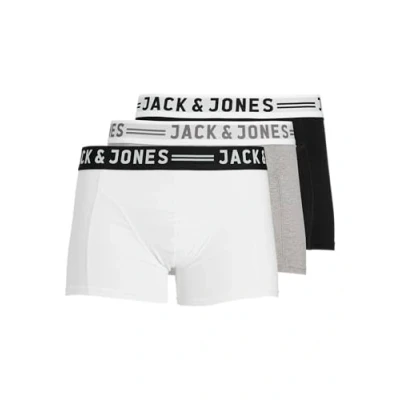 Image of JACK &amp; JONES Mens Sense 3 Pack Contrast Waistband Stretch Boxer Briefs, Light Grey/Black/White, M