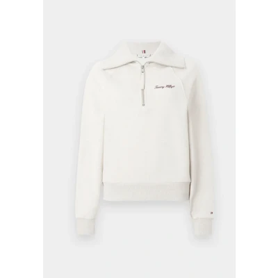 Image of Tommy Hilfiger Classic Script HALF ZIP Sweatshirt, Women&#039;s, Size: XS, Heather oatmilk