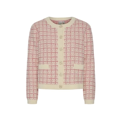 Image of YAS Yaslivia Cardigan, Women&#039;s, Size: Medium, Birch pattern raspberry sorbet pirouette