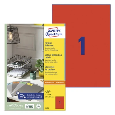 Image of Avery Zweckform 3470 Universal Labels 210 x 297 mm 100 Sheets Coloured