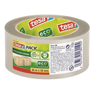 Image of tesapack Eco and Ultra Strong ecoLogo Transparent Plastic Packing Tape with Extra Adhesive Force Environmentally Friendly Tape, Manufactured Without Solvents 66 m x 50 mm