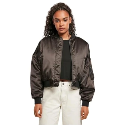 Image of Urban Classics Ladies Short Oversized Satin Bomber Jacket Jacket, Women&#039;s, Size: XL, Black