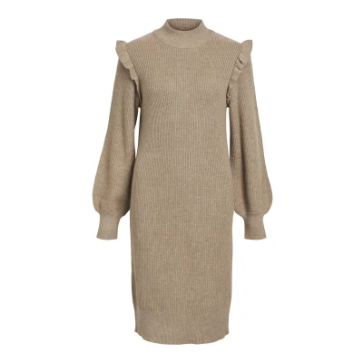 Image of Object Women&#039;s Objmalena L/S Ruffle Knit Dress Noos, Fossil/Detail: Melange, M