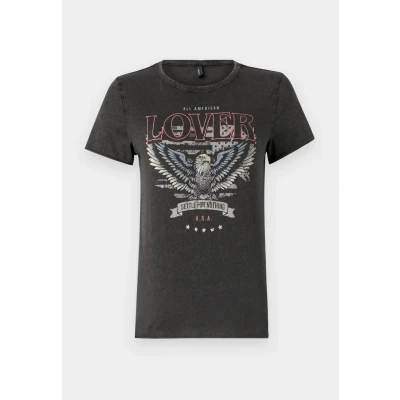 Image of ONLY ONLLUCY Women&#039;s Printed T Shirt Short Sleeve Basic Crew Neck Top with Writing Sleeve, Black/Print: Lover, XXS